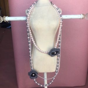 Pink and silver multi layer pearl necklace